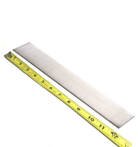 304 Stainless Steel Flat Bar 12 Inch By 2 Inch By 0.12 Inch HYGMPDAS shown with measuring tape for DIY projects and repairs.