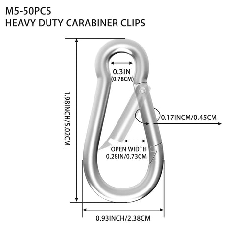 Galvanized Steel Spring Snap Hook Carabiner Clips With 220 Lbs Capacity For Outdoor Use Hammock Swing Travel M5 2 Inch 50 Pack