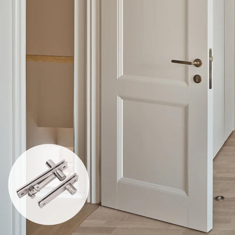 Beefy Heavy Duty Pivot Hinge With 300 Lbs Load Bearing And 360 Degree Rotation Concealed Door Hinge For Secret Door Or Hidden Bookcase Made From Stainless Steel WALFRONT shown installed on a door, with a close-up view of the hinge in a circle.