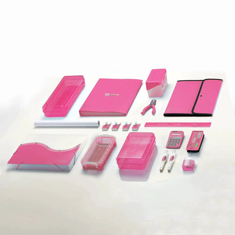 Metal Single Hole Punch For Paper And Crafts With Soft Grip Handles, Pink Quarter Inch Hole Puncher surrounded by pink office supplies.