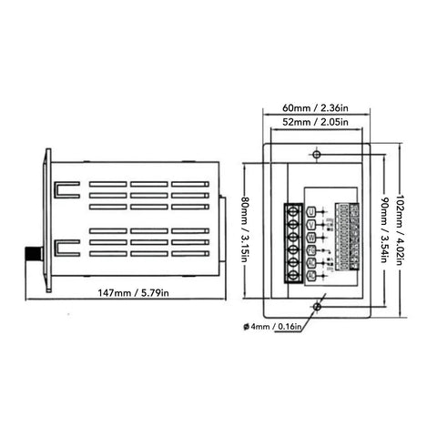 Technical diagram of Compact 400W Variable Frequency Drive Inverter with measurements for installation.