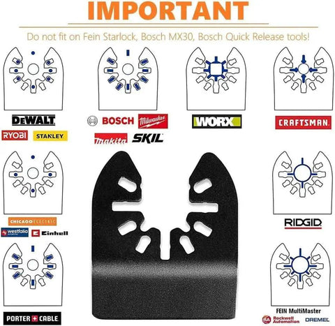Compatibility guide showing different tools for the Titanium Oscillating Multitool Blades Diagtree 20 Piece Set.