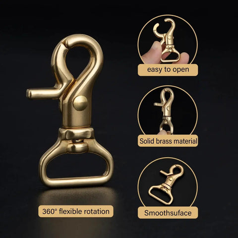 Solid Brass Trigger Snap Hooks Lobster Clasps for swivel straps, showing solid brass material and 360° rotation feature.