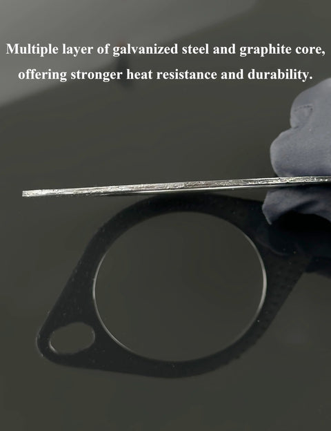Automotive exhaust gasket: circular metal gasket with mounting tab and silver finish