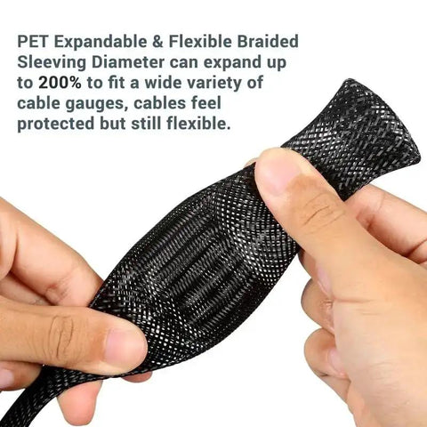 Hands holding and stretching 100 Ft PET Expandable Braided Wire Sleeving One Quarter Inch Black Cable Loom for protection