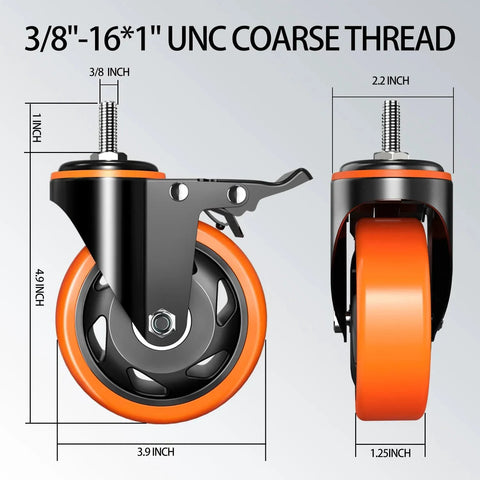 Side and front view of 4 Inch Stem Caster Wheels Set of 4 Heavy Duty 2000 lb capacity threaded 3/8-16 UNC by 1 inch with locking mechanisms.