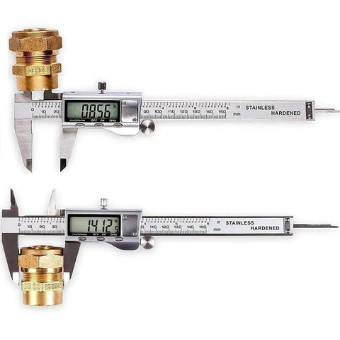Stainless Steel Digital Caliper with Large LCD Screen measuring brass fitting, precise 0 to 150mm, 6 inch micrometer, 0.01mm resolution.