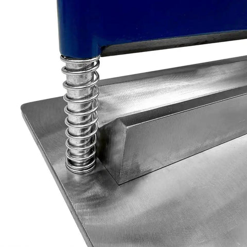Close-up of Pro-Grade 12 Inch Press Brake Bender V Block Attachment for 12 or 20 Ton Hydraulic Shop Press with metal bending surface