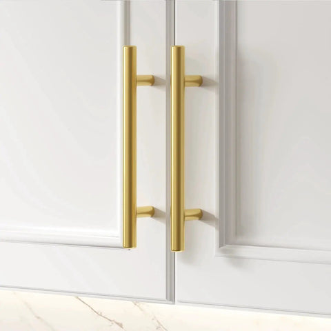 Brushed Gold Cabinet Handles 10 Pack 3 Inch Stainless Steel Drawer Pulls Durable Kitchen Cabinet Hardware With 76mm Hole Centers And 127mm Total Length For Dresser Wardrobe Bathroom And Bedroom Easy DIY Upgrade installed on cabinets