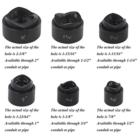 Dies from Portable Hydraulic Knockout Hole Punch Driver Kit for Half Inch to Two Inch Conduit and Metal Sheet Cutting, labeled by sizes.