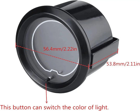 Back view of 7 Color LED Oil Pressure Gauge Kit For Car And Truck With 0-150 PSI Readout showing dimensions and color switch button