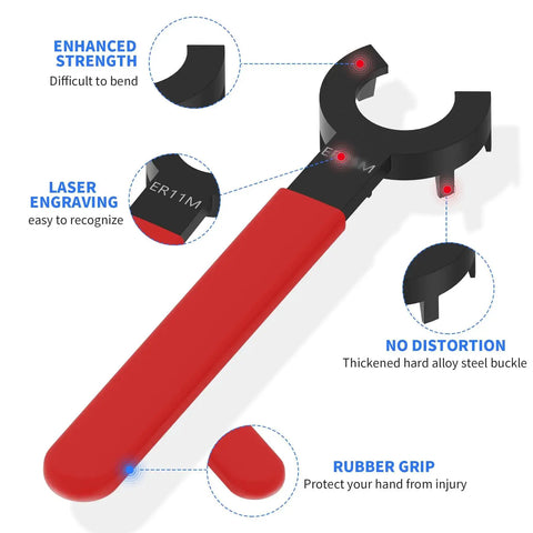 M Type Spanner Wrench For ER11 Collet Chuck ER11 Nut with red non-slip handle, showing enhanced alloy strength and no distortion features.