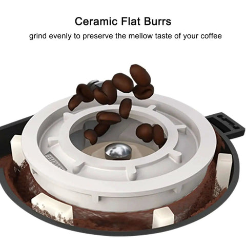 Ceramic flat burrs used in Automatic Espresso Machine With Auto Clean And LatteGo Milk System, Delivers Americano And Cappuccino, Silky Frothed Milk, 24 Coffee Drink Options For Office, Hotel Or Convenience Store Use, Silver Finish.