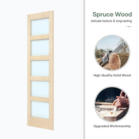 Double 24x84 Inch Glass Sliding Barn Door Slab With 8 Foot Hardware Kit Included 5 Panel Frosted Glass Spruce Wood support, side view.
