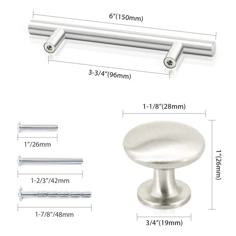 Brushed Satin Nickel Cabinet Hardware Set With 36 Handles 26 Pulls And 10 Knobs For Doors And Drawers shown with dimensions
