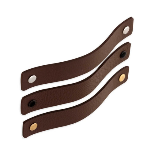 Brown Leather Drawer Pulls Set, 12 Pieces, 6.5 x 1 Inches Each, with silver, black, and gold screws, shown in a set of three.