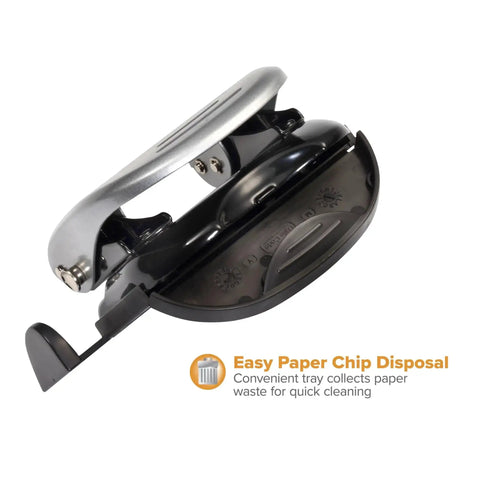 EZ Squeeze Reduced Effort Two Hole Punch with Easy Clean Chip Tray, metal body, home or office use, close-up bottom view.