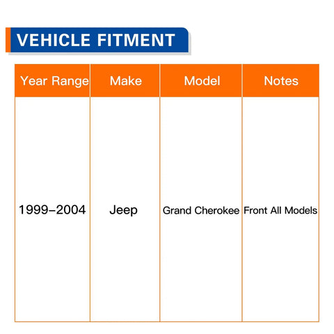 Vehicle fitment chart showing compatibility of Pair Front Wheel Hub Bearing Assembly 513159 For Jeep Grand Cherokee 1999 2004.