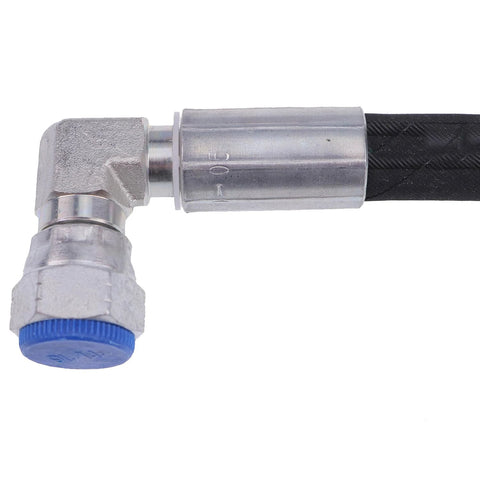 Hydraulic hose with 90-degree silver elbow fitting and blue protective cap on black braided hose.