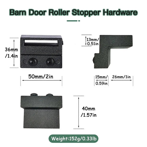 Barn Door Roller Stopper Hardware Set 2Pcs For 41x7mm Flat Track Sliding Doors Black Catches With Wrench To Limit Door Movement Durable Zinc Alloy Construction For Household Home Use, dimensions labeled.