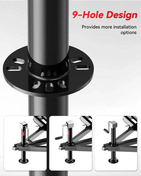 Close-up of A Frame Trailer Jack 5000 LB Cordless Drill Compatible 23 Inch Lift For RVs with 9-hole design for installation.