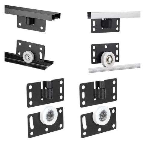 Beefed Up Heavy Duty Sliding Closet Door Roller Set For Wardrobes And Cupboards, black and white steel casters, front and side views