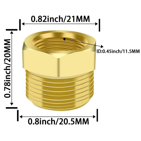 Close-up of brass bushing reducer adapter, showing dimensions, Two Pack Brass Bushing Reducer Adapter One Half Inch NPT Male To One Quarter Inch NPT Female Pipe Fittings For Plumbing Use In Wet Environments, Pro Grade Tight Seals And Smooth Threads, Durable Brass Construction.