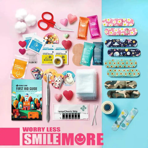 Pocket Size 105-Piece First Aid Kit For Families And Kids with bandages, scissors, tweezers, and guide on colorful surface