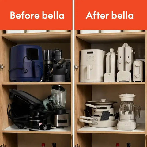 Before and after organization of kitchen appliances in a cabinet, showcasing a neat arrangement in the 'After bella' section.