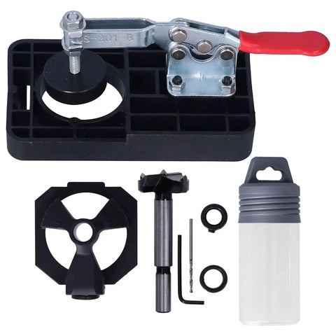 35mm Hinge Boring Jig Kit For Precise Door And Cabinet Hinge Installation, 1.4 Inch Woodworking Drill Guide, including ABS base and accessories.