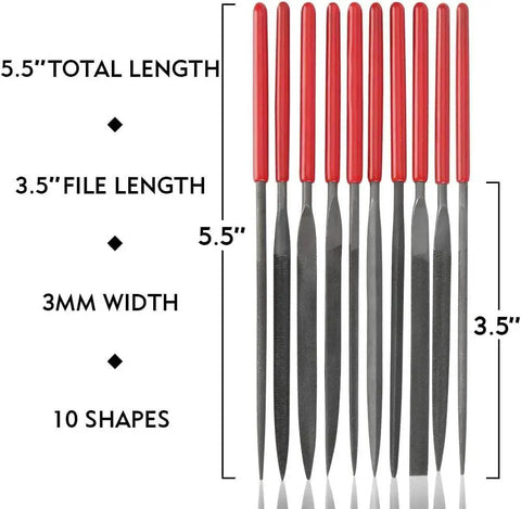 Pro Grade Deburring Tool Kit With 10Pcs Needle File Set, metal handle files, 5.5 inch total length, 3.5 inch file length
