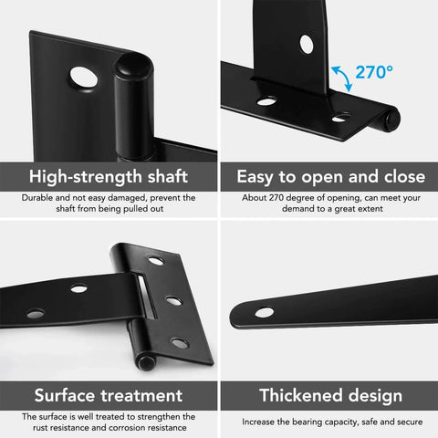 Self-Closing Gate Latch Kit With Tee Hinge And 4-Inch T-Strap Hinges Black Finish product details showing durability and design features.