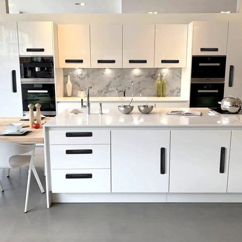 Modern kitchen with 12 Pack Matte Black Cabinet Handles Aluminum Drawer Pulls for Sliding Doors, 5 Inch Center to Center
