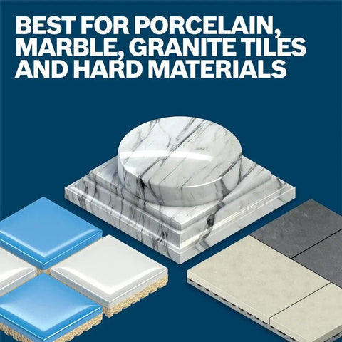 Image showing porcelain, marble, and granite tiles, highlighting best use for Porcelain Tile Drill Bit Set 5 Piece For Ceramic Marble And Granite Tiles With Carbide Tips Optimized For Hard Materials Up To Five Times Longer Life And Arrow Head Design For Faster Drilling Bosch.