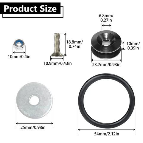 Universal Front And Rear Bumper Quick Release Kit With 4 Tabs And 12 O Rings showing product size measurements.