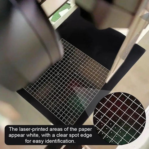 Double Sided Black Laser Test Paper For Fiber Laser Marking And Engraving Pro Grade Eleven By Eight Point Three Inches A4 Size Ten Sheets Thick Zero Point Two Millimeter For Precise Proofs And Fine Tuning Of Laser Engraving Machines BENECREAT in use with visible laser grid and clear spot edge.
