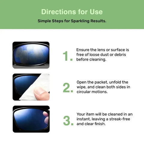 Instructions for using Optix Lens Cleaning Wipes, 300 Pre Moistened, for streak-free cleaning of glasses and camera lenses.