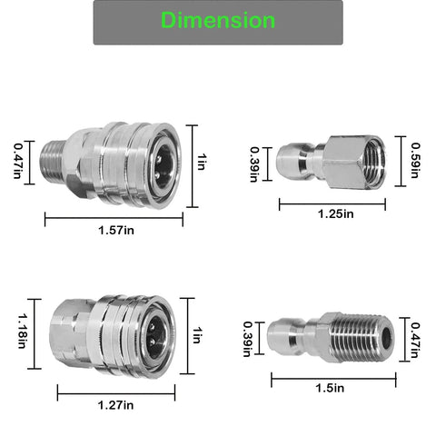 Dimensions of 1/4 Inch Quick Connect Pressure Washer Fittings Set In Stainless Steel With Female And Male NPT Adapters