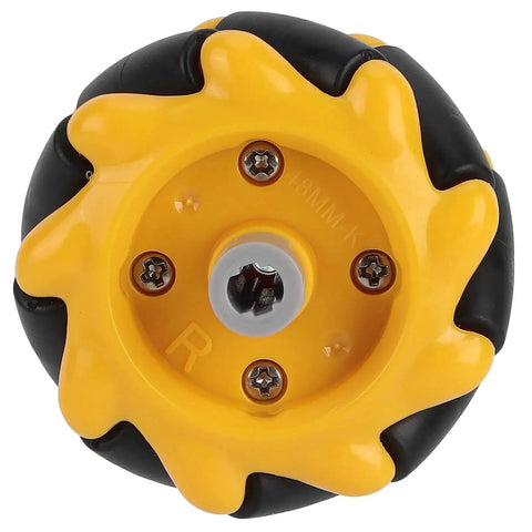 Front view of Mecanum Wheel For TT Geared Motor Smart Robot Car Parts Accessories DIY Toy Components 48mm Rubber Coated Yellow And Black Wheel