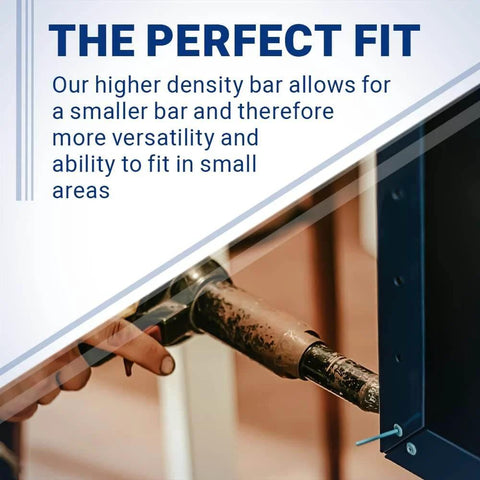 Close-up of Ergonomic Bucking Bar With Angled Face BB6 installed, showing tungsten block's fit in tight spaces for pro riveters.