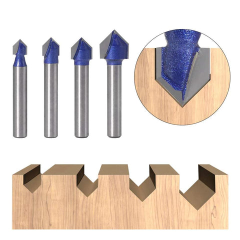 Pro Grade 1/4-Inch Shank 90 Degree V Groove Router Bit Set For CNC Engraving And Sign Making By Yakamoz, showing four bits and V grooves