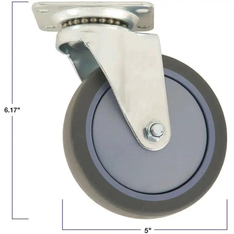 5 Inch Thermoplastic Rubber TPR Swivel Caster, 350 Lb Capacity, Gray, Non Marking Wheel With Heavy Duty Metal Frame, Side View