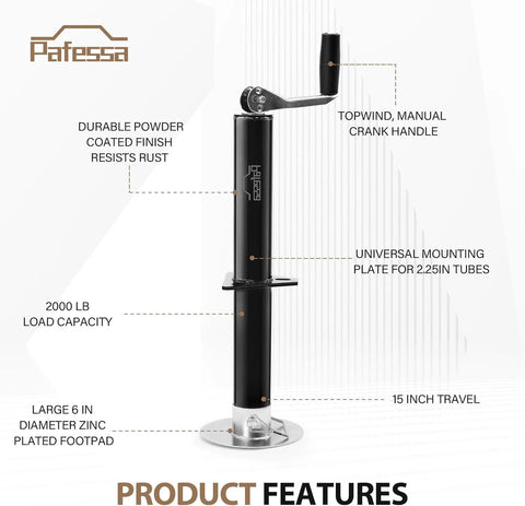 RV Top Crank A Frame Tongue Jack With 2000 LB Lift Capacity 15 Inch Travel Removable Footpad Universal Triangular Flange Mounting Holes Fits Two And A Quarter Inch Mounting Includes Crank Handle, shown with features labeled.