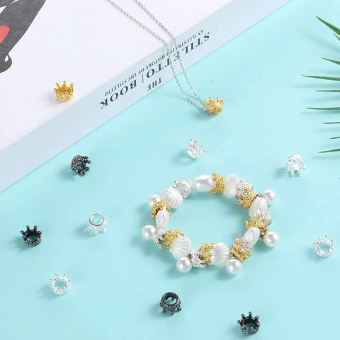 Bracelet with Mini Crown Beads 60 Pcs Set for DIY Jewelry Making Gold Silver Black 3D Alloy Crown Charms Large Hole Spacer Beads