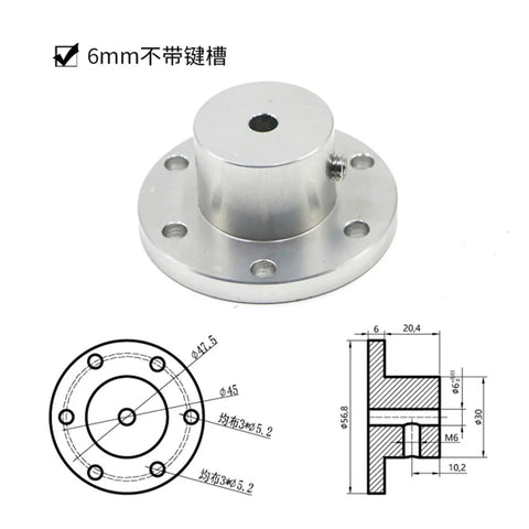 Versatile Mecanum Wheel Flange Coupling For Robot Chassis With Key Groove Inner Diameters 5 6 8 12mm And Hole Sizes 10 14 15 16mm Ideal For DIY Robotics Projects Makers STEM Classrooms And Educational Robot Builds, image of aluminum flange coupling with technical drawing, no key groove
