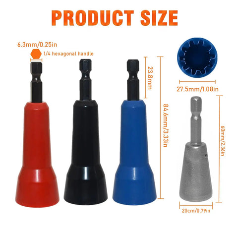 Heavy Duty Pro Grade Wire Nut Twister Kit for Drills, multicolor set, includes four stainless steel wire twister tools with measurements.