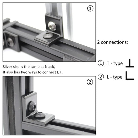 Close-up of T and L type connections with 10 Set 1010 Series 1 Inch By 1 Inch Aluminium Extrusion Corner Bracket Connector Kit.