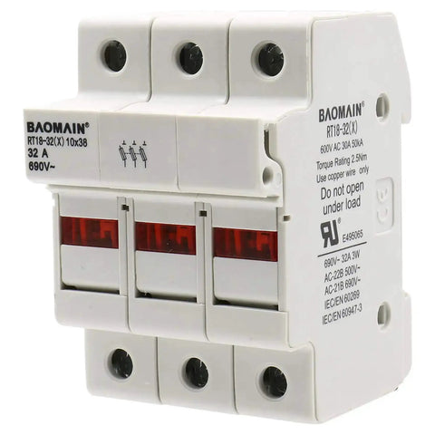 Front view of a 3 Pole Cylindrical Fuse Holder With LED Indicator For 10 X 38 mm Fuses, 32 Amp 690 VAC, 35mm DIN Rail Mount, supports 18-8 AWG, UL and CE Certified, for solar and industrial use.