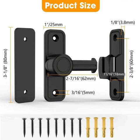 Sliding Barn Door Lock Hardware With 2-In-1 Keyless Entry And 90/180 Degree Mounting, Space Saving Flip Gate Latch in black with screws shown