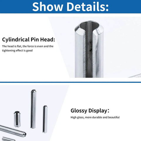 Close-up of pins from 280 Piece 304 Stainless Steel Roll Pin Assortment Kit With Metric Slotted Spring Pins M1.5 To M8 For Automotive Machinery Industrial Repair And Maintenance Totally Handy For Any Shop Project showing glossy display and cylindrical heads.